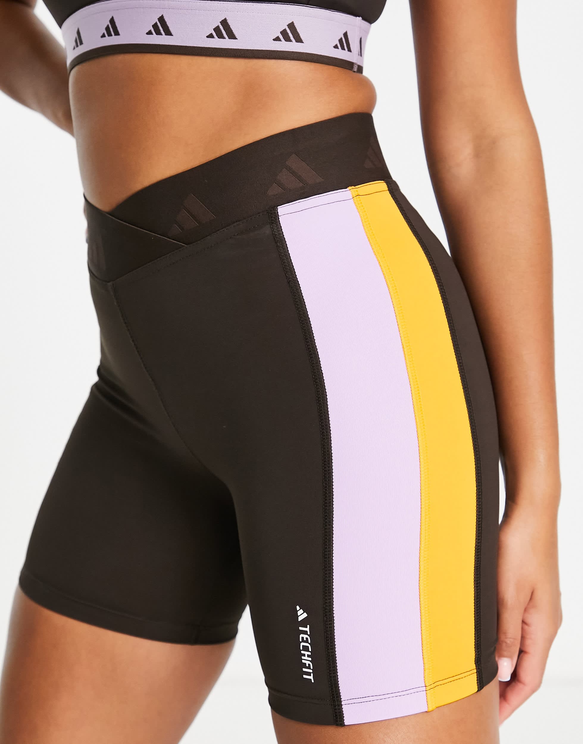 adidas Training Techfit colourblock high waisted legging shorts in brown, orange and purple