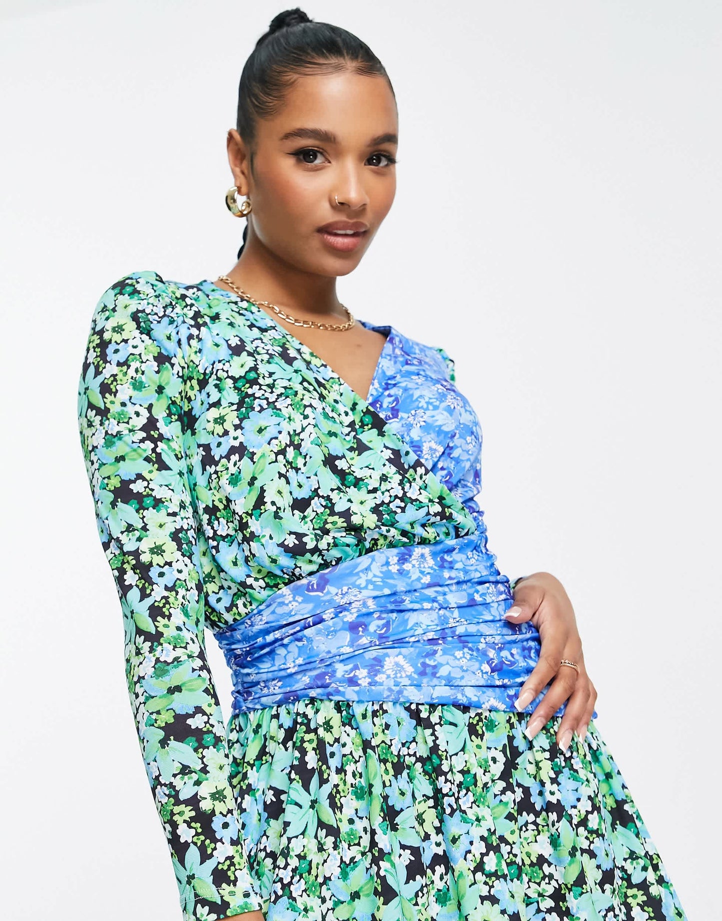 River Island Petite floral mix wrap mini dress in green