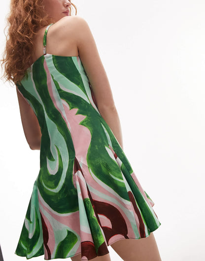 Topshop poplin swirl godet mini dress