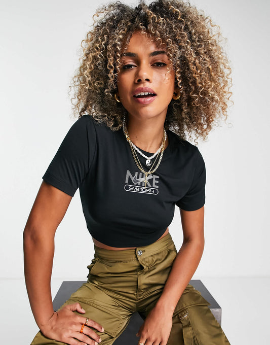 Nike Swoosh graphic slim crop t-shirt in black