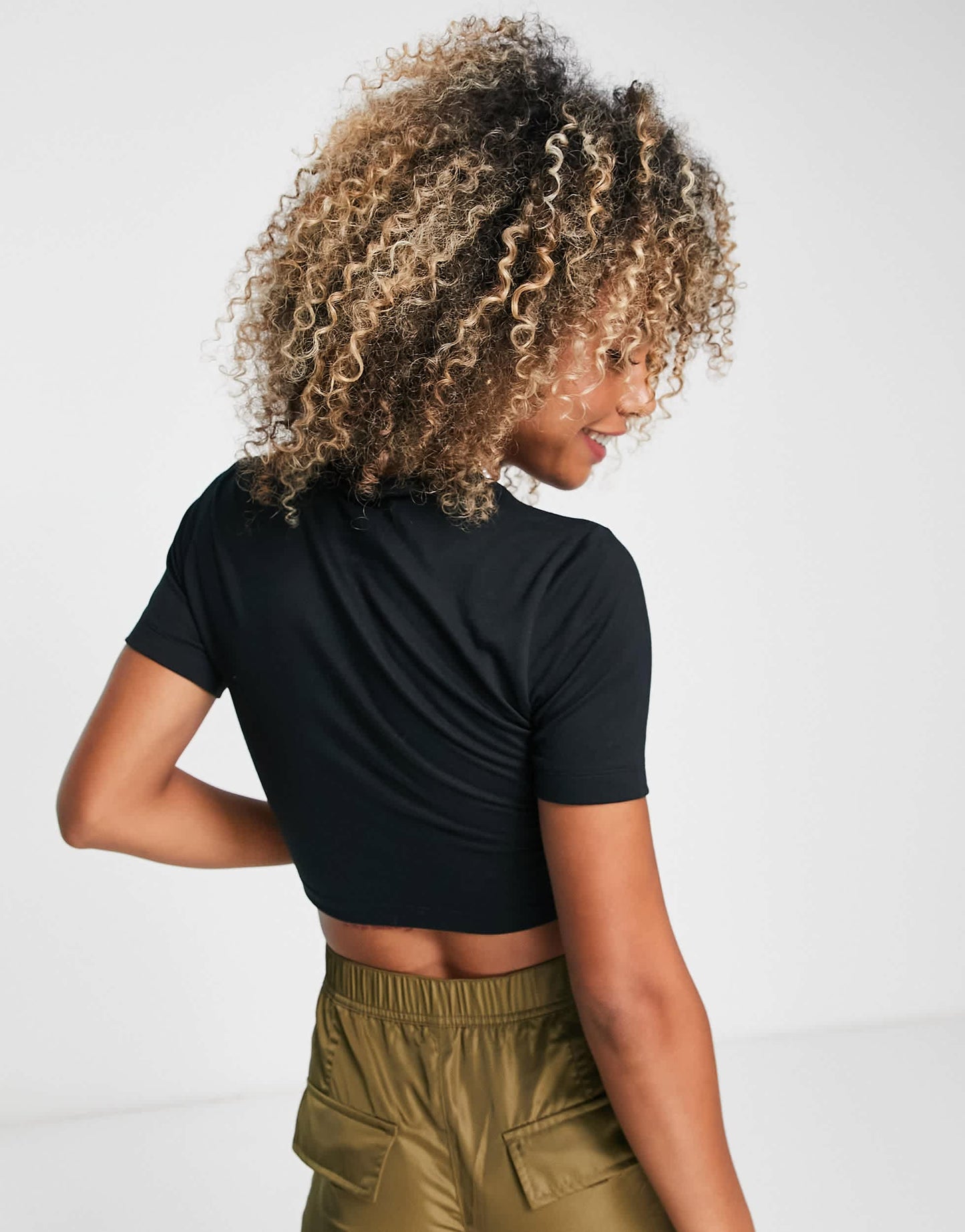 Nike Swoosh graphic slim crop t-shirt in black