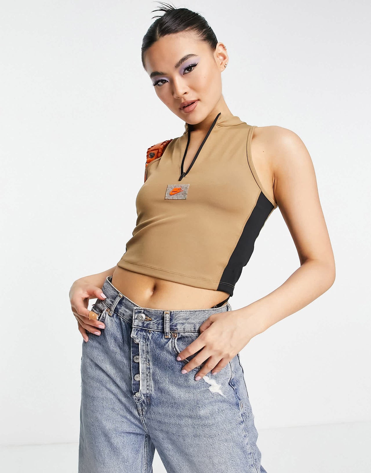 Nike Sports Utility graphic halter zip vest in driftwood beige