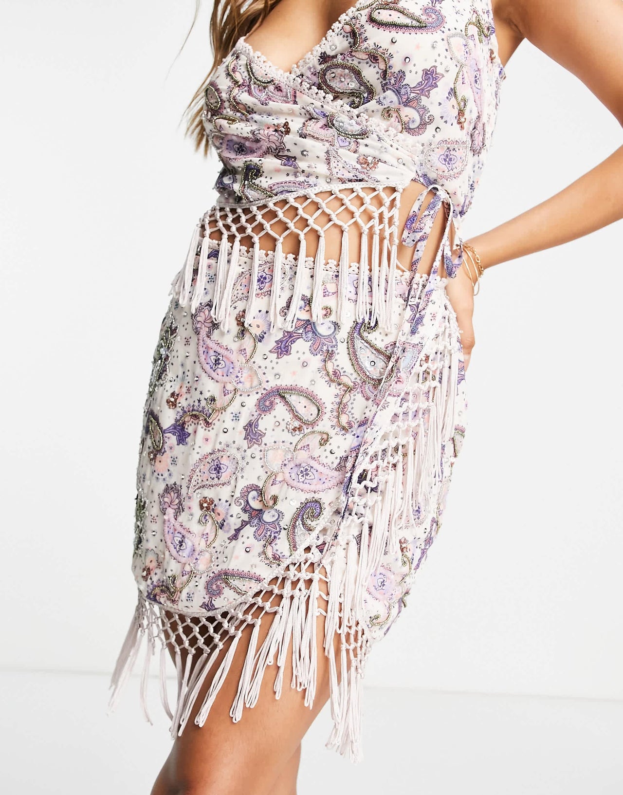 Miss Selfridge Premium embellished festival mini wrap skirt with macrame trim in ivory