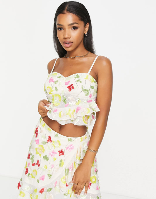 Miss Selfridge Premium embellished cami crop top in neon yellow - YELLOW