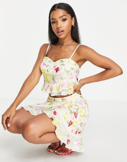 Miss Selfridge Premium embellished cami crop top in neon yellow - YELLOW