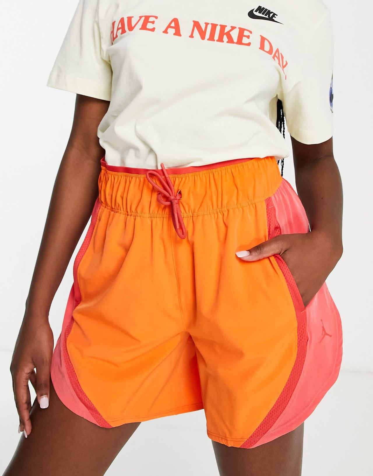 Jordan Sport highwaisted shorts in safety orange and red