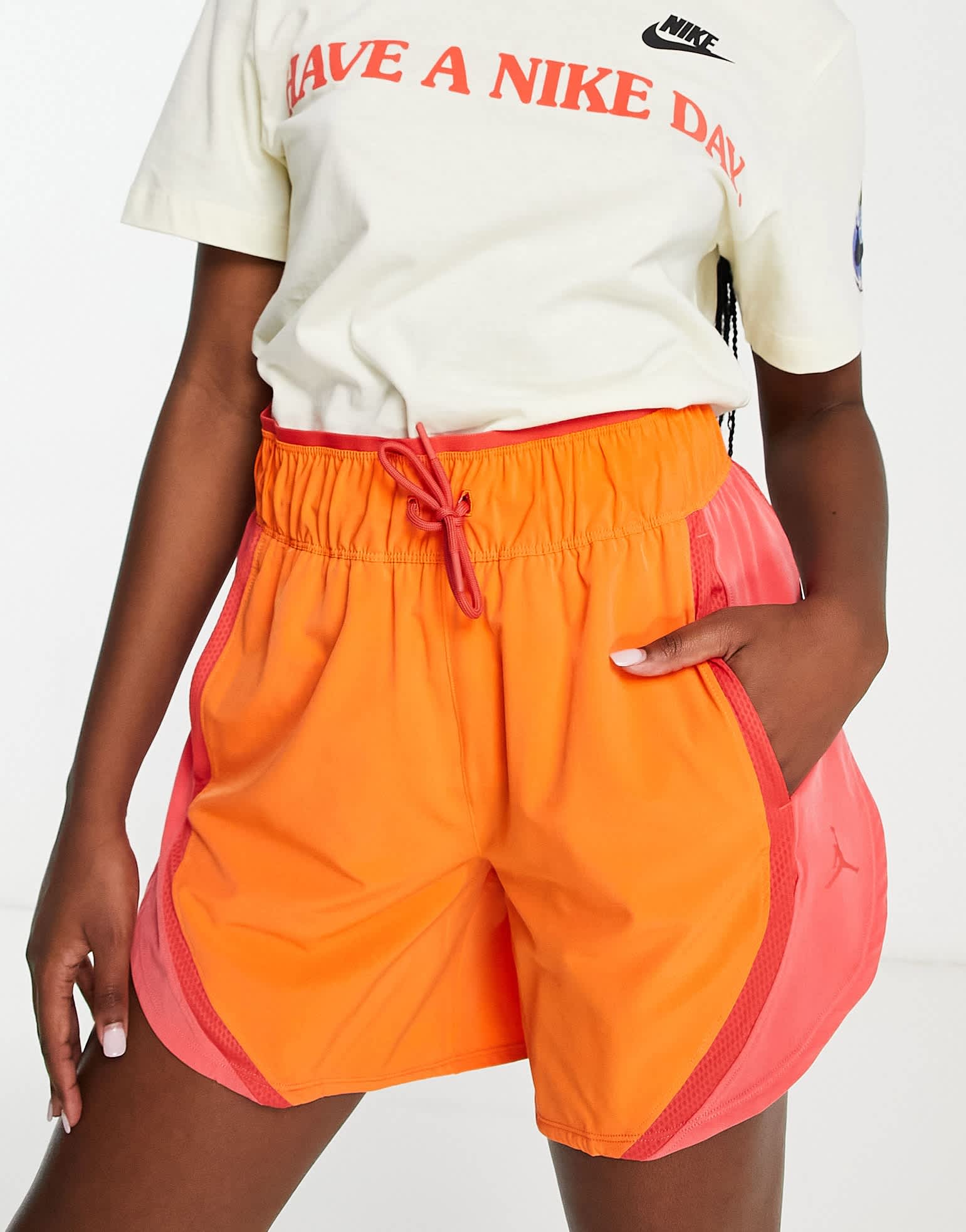 Jordan Sport highwaisted shorts in safety orange and red