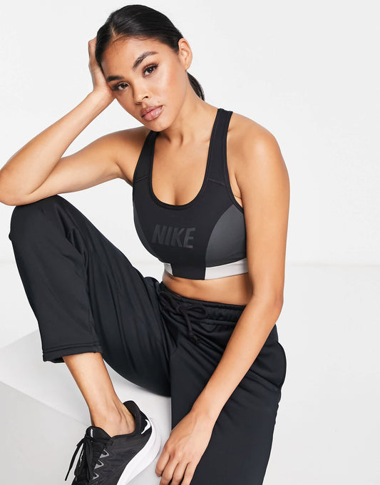 Nike One Training colourblock logo medium support sports bra in black