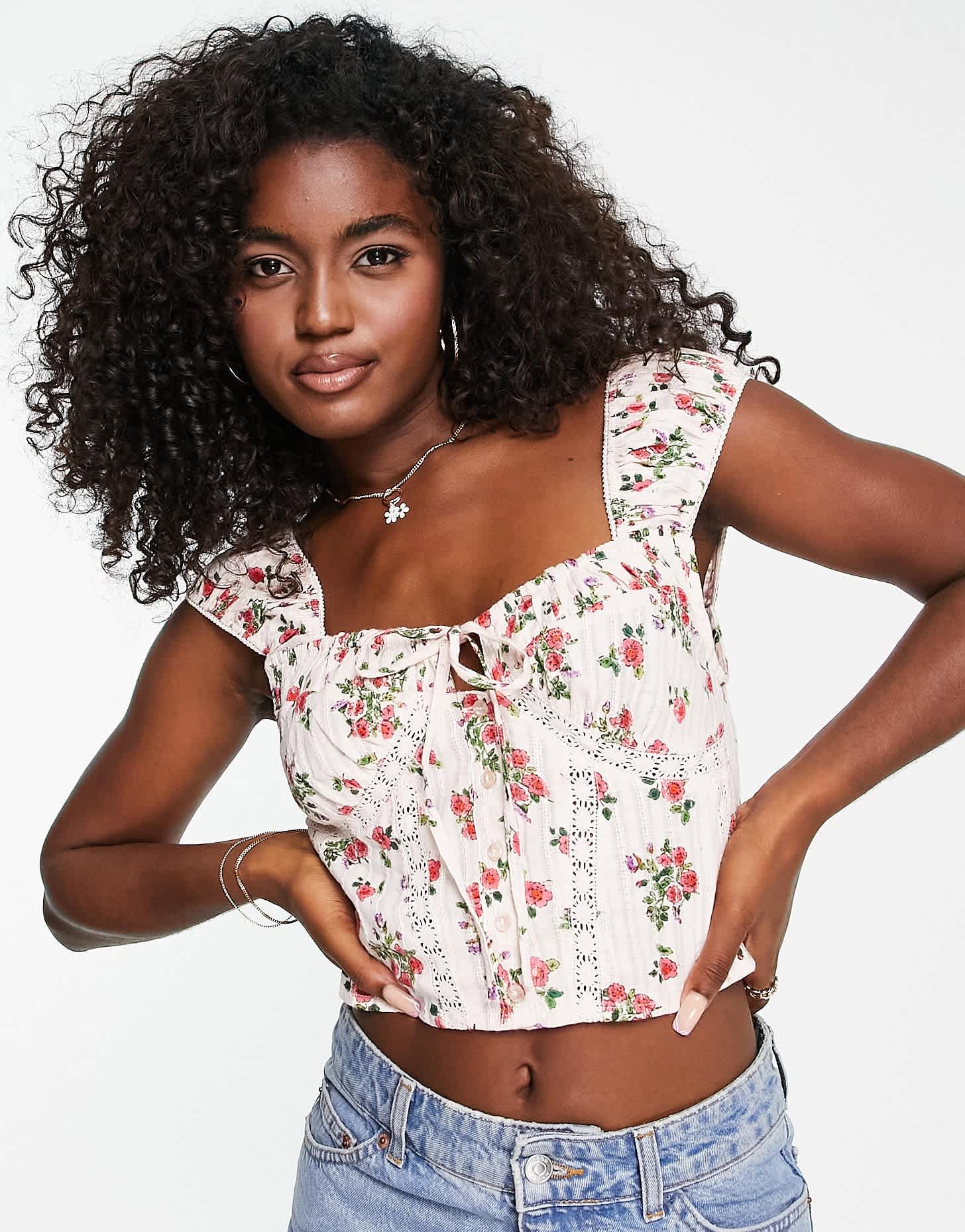 ASOS DESIGN button front top with lace insert detail and ruched capped sleeve in floral print