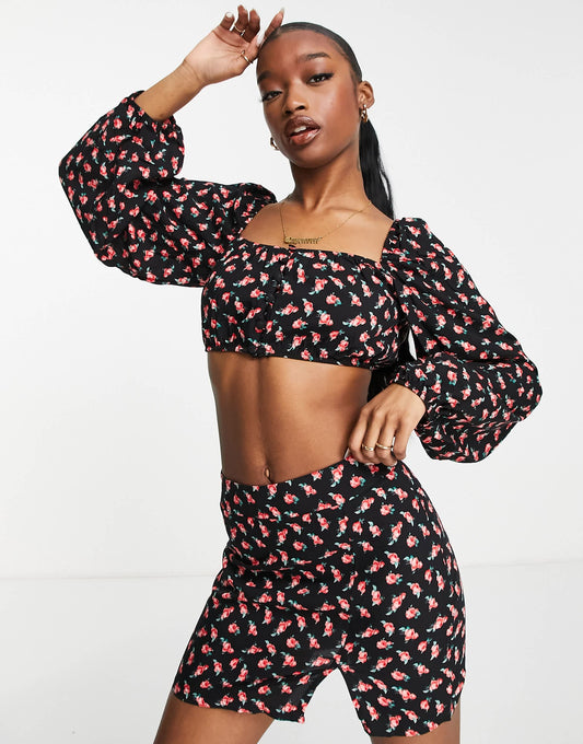 Trendyol square neck crop top and mini skirt in rose print co-ord set