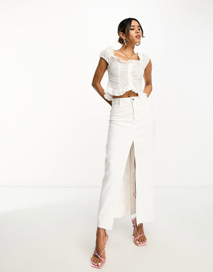 ASOS DESIGN broderie corset button front top with frill neck in white