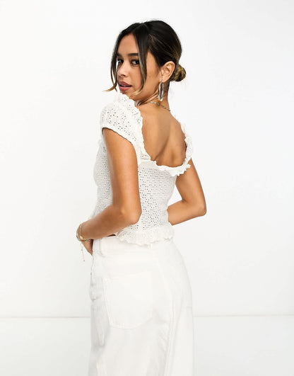 ASOS DESIGN broderie corset button front top with frill neck in white