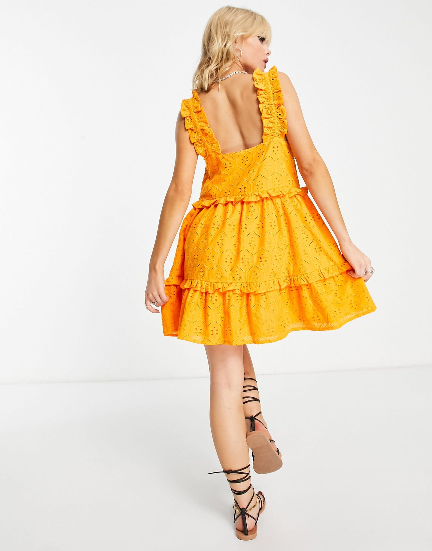 Influence broderie tiered mini dress in orange