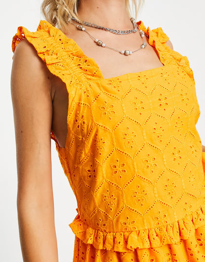Influence broderie tiered mini dress in orange