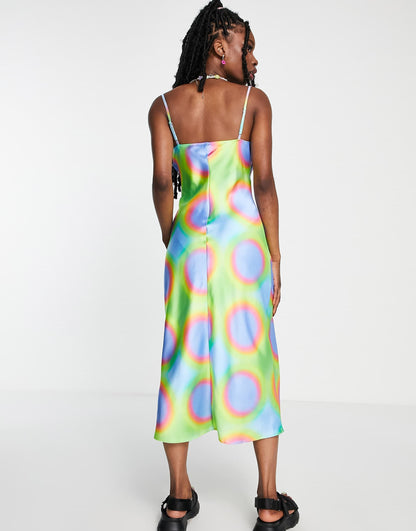 COLLUSION cowl neck metal ring detail printed satin maxi slip dress in multi