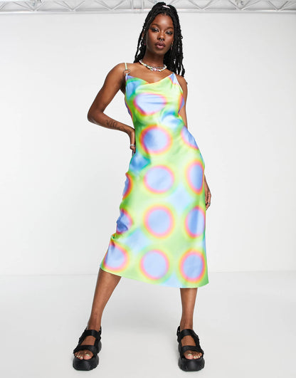 COLLUSION cowl neck metal ring detail printed satin maxi slip dress in multi