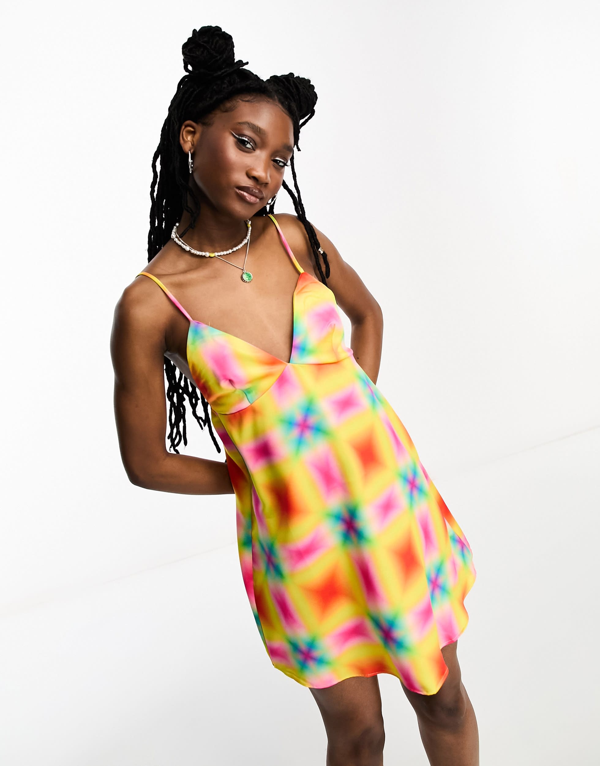 COLLUSION mini printed satin  summer slip dress in multi