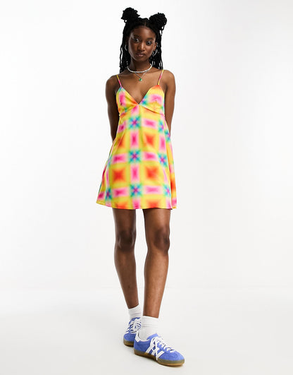 COLLUSION mini printed satin  summer slip dress in multi