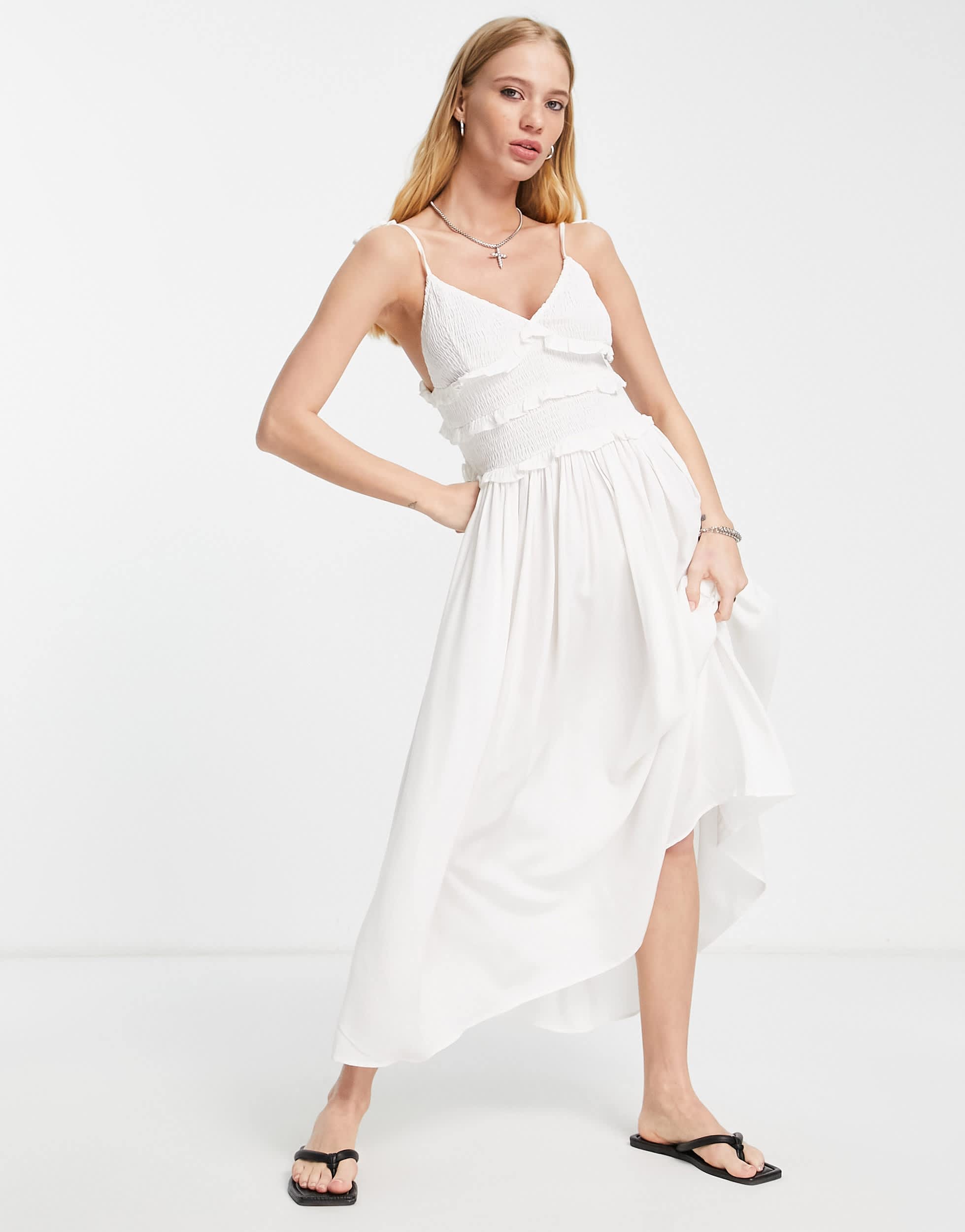 Topshop shirred ruffle slip midi dress in ivory