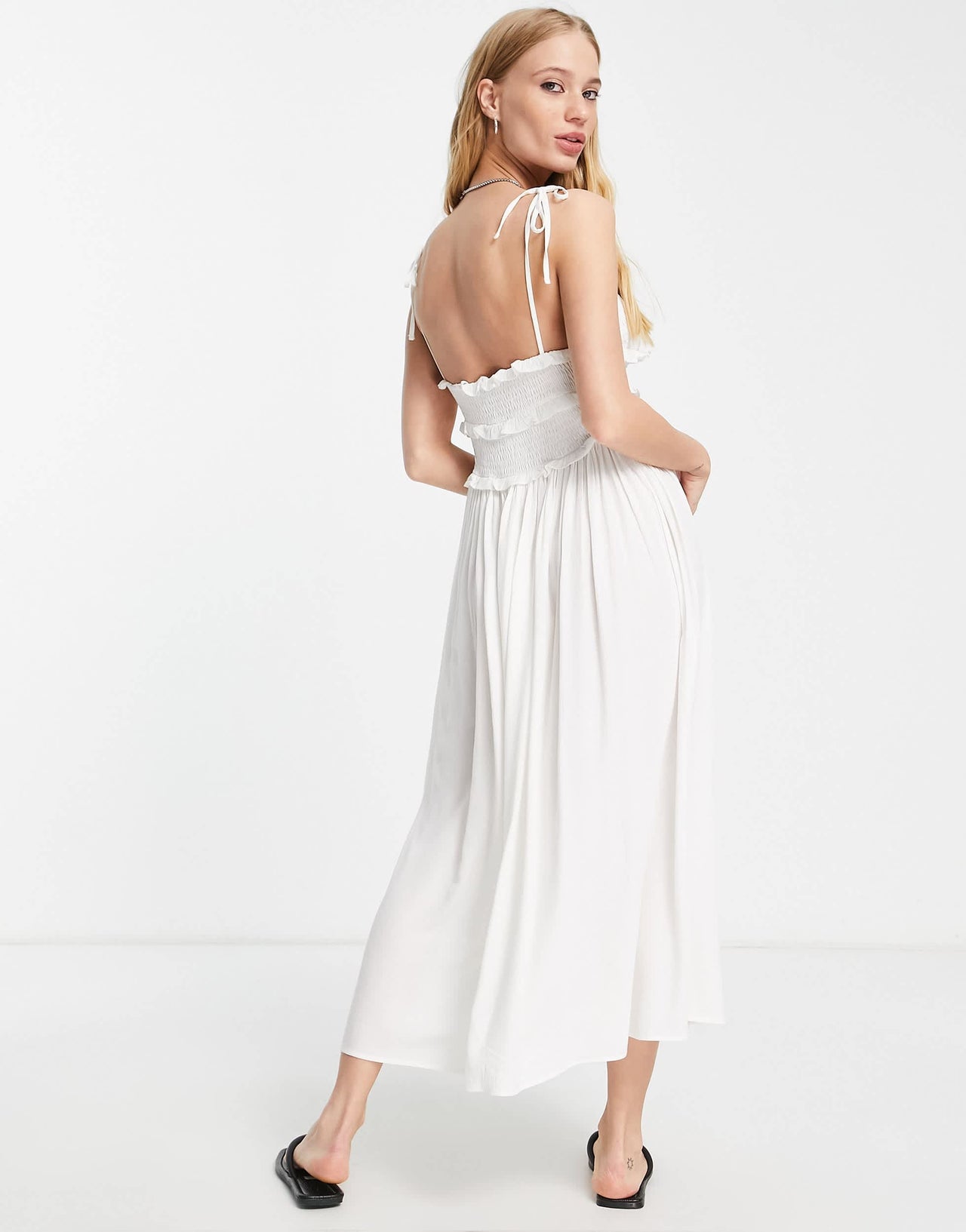 Topshop shirred ruffle slip midi dress in ivory