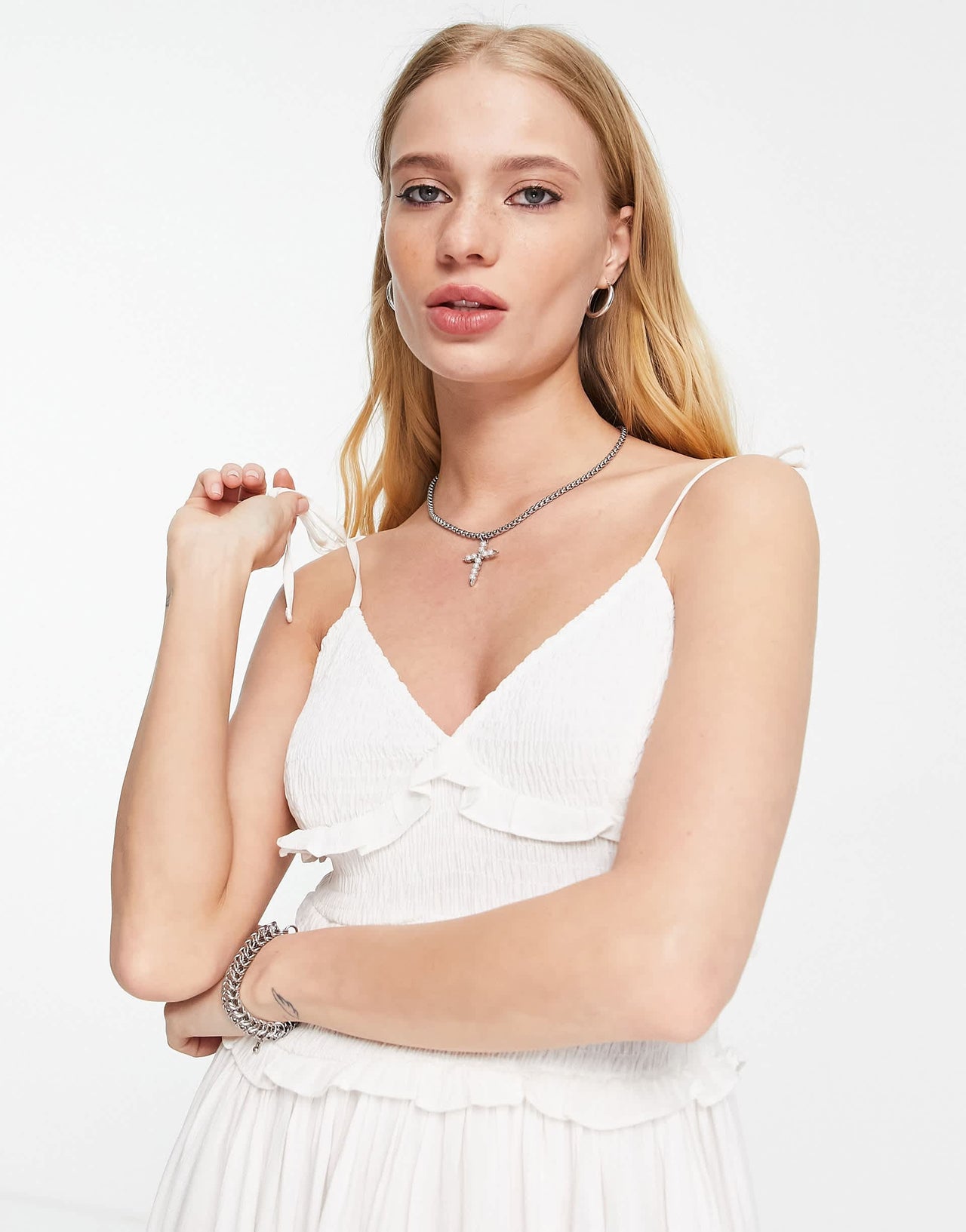 Topshop shirred ruffle slip midi dress in ivory