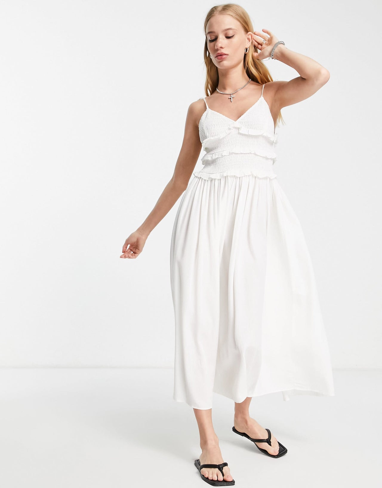 Topshop shirred ruffle slip midi dress in ivory