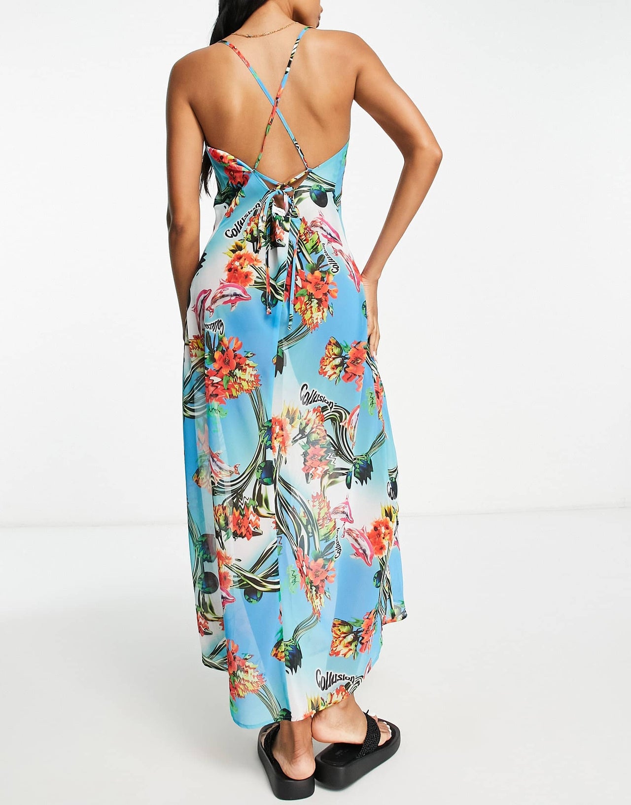 COLLUSION mesh beach maxi dress in floral print