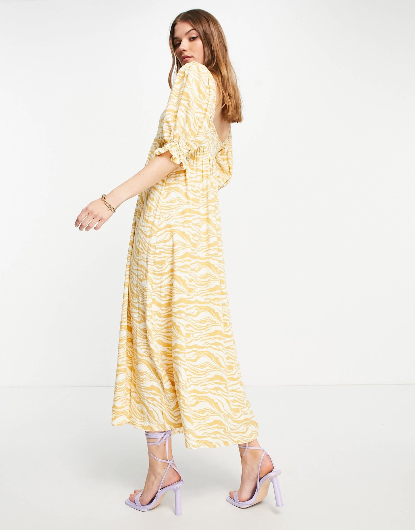 Edited maxi milkmaid dress in mustard zebra print
