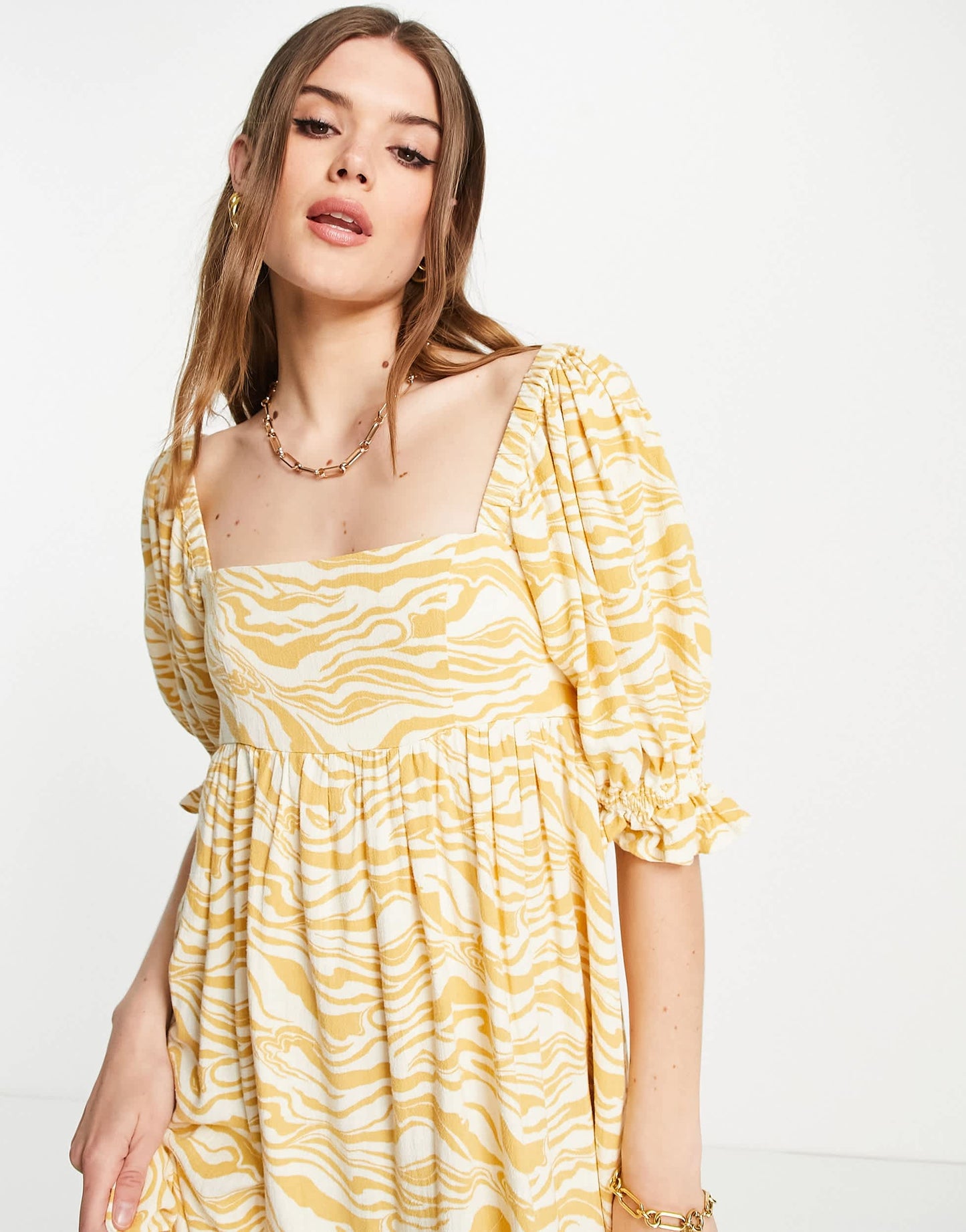 Edited maxi milkmaid dress in mustard zebra print