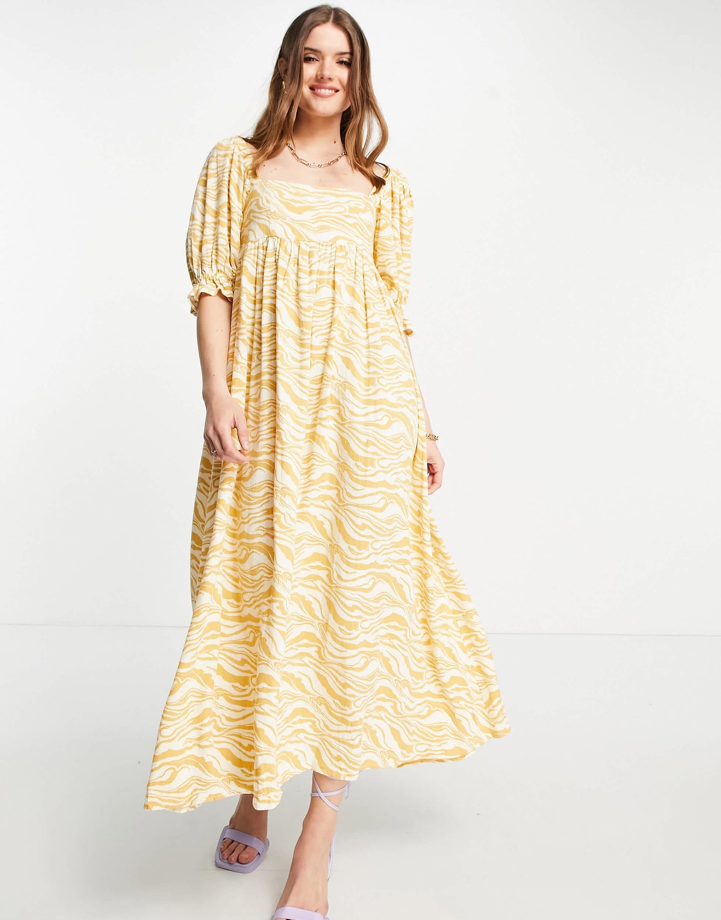Edited maxi milkmaid dress in mustard zebra print