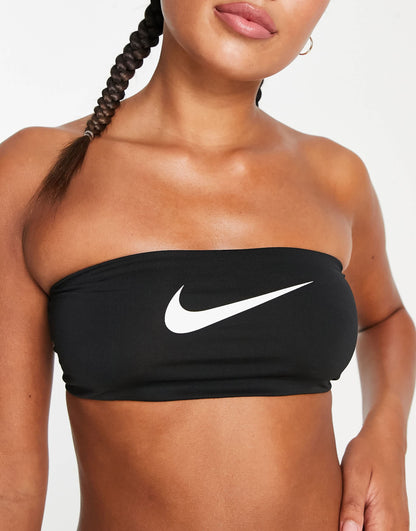 Nike logo bandeau bikini top with neon branded taping in black