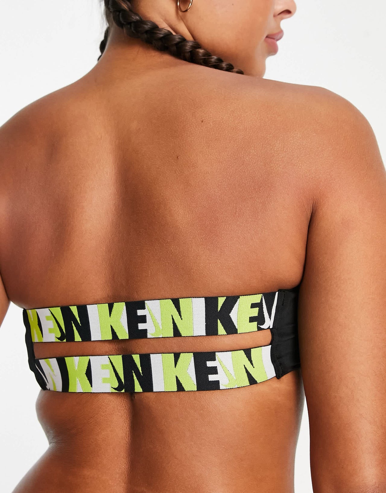 Nike logo bandeau bikini top with neon branded taping in black