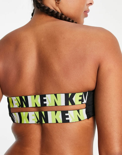 Nike logo bandeau bikini top with neon branded taping in black