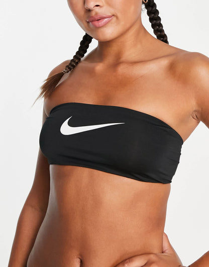 Nike logo bandeau bikini top with neon branded taping in black