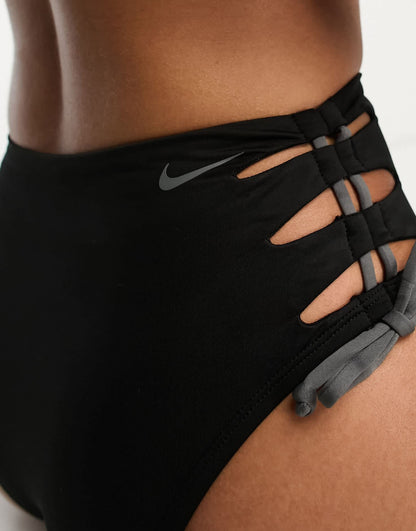 Nike solid lace-up high waist cheeky bikini bottom in black