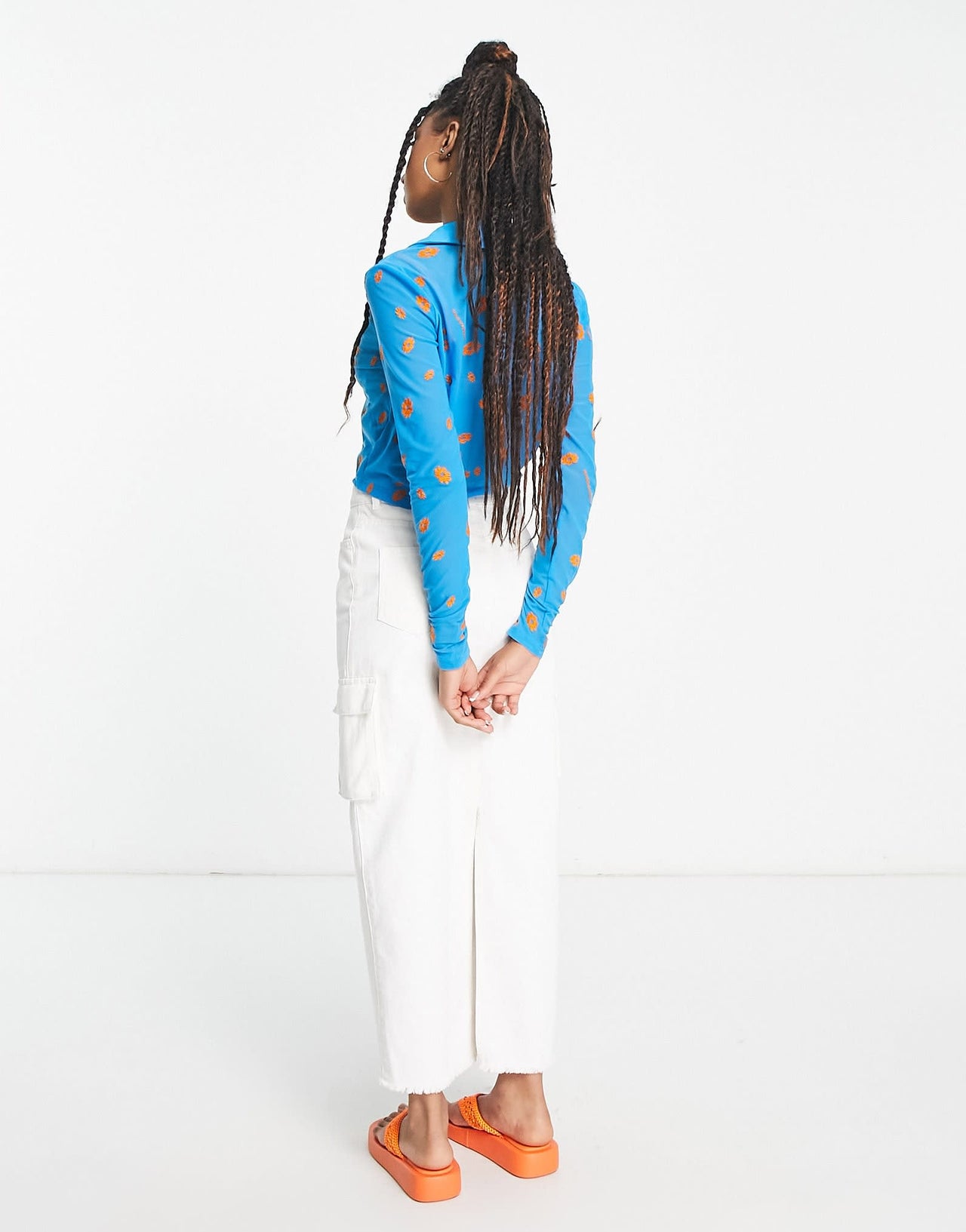 COLLUSION flower embroidered mesh shirt in blue