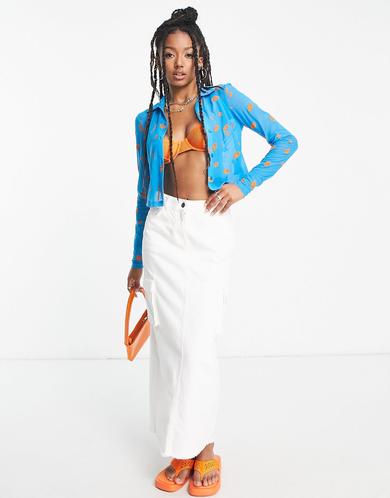 COLLUSION flower embroidered mesh shirt in blue