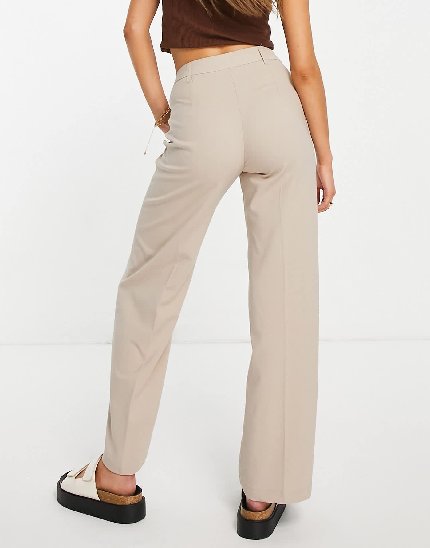 Bershka wide leg slouchy dad tailored trousers in mushroom