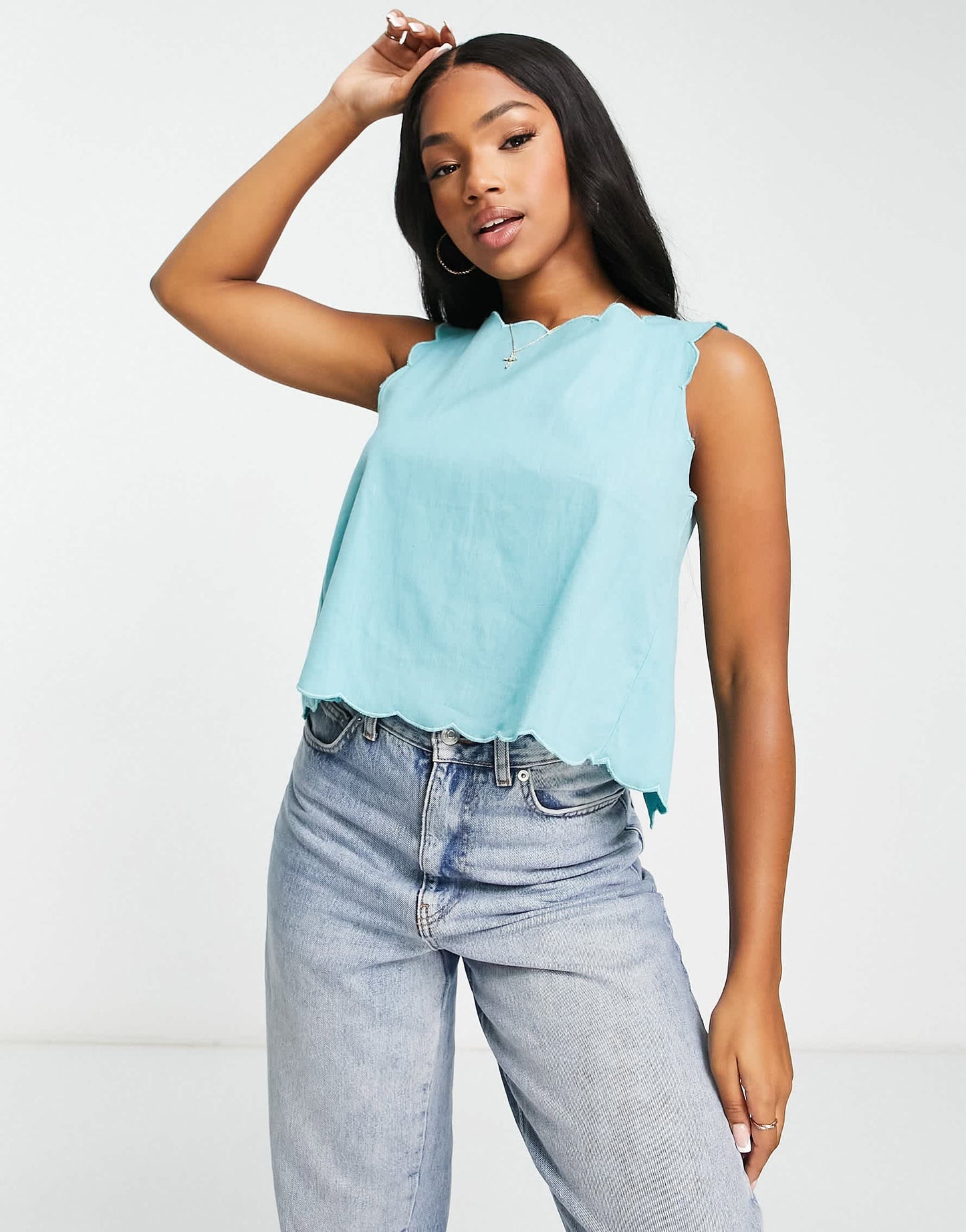 ASOS DESIGN scallop edge linen top with split back detail in teal