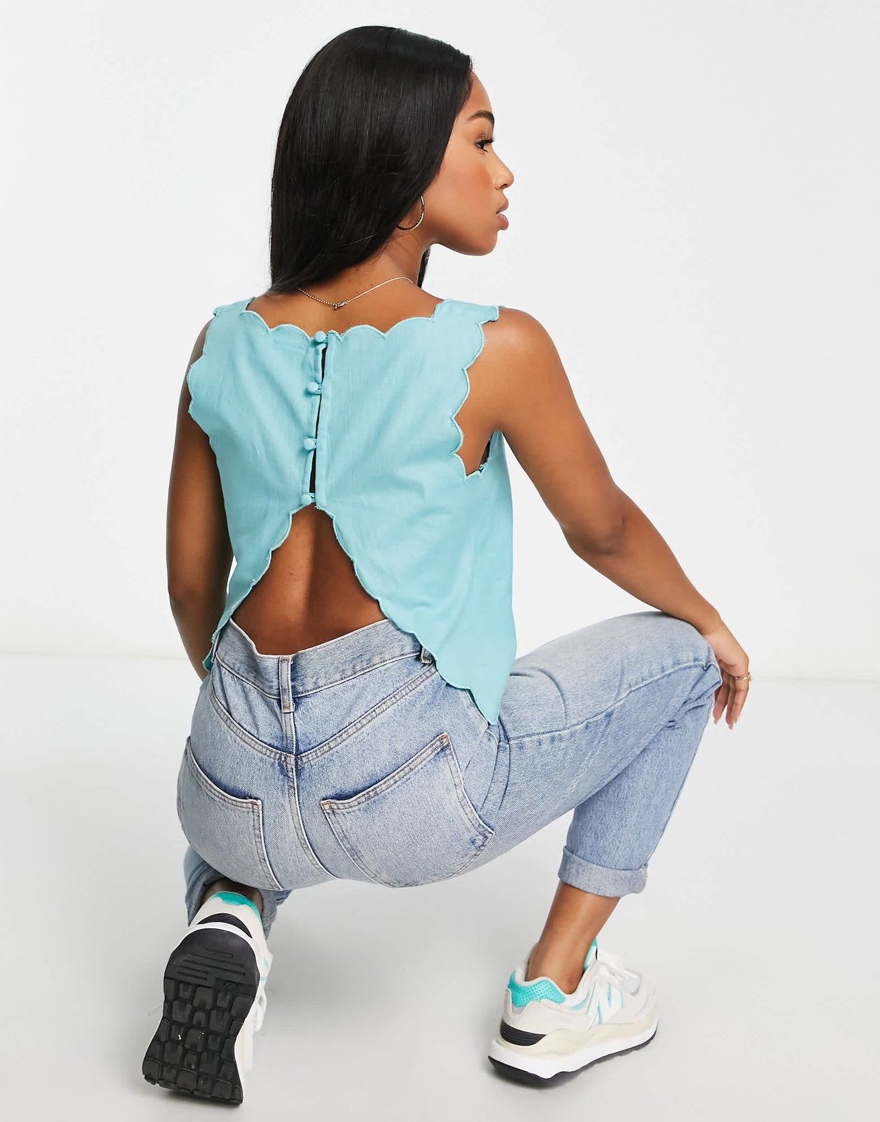 ASOS DESIGN scallop edge linen top with split back detail in teal