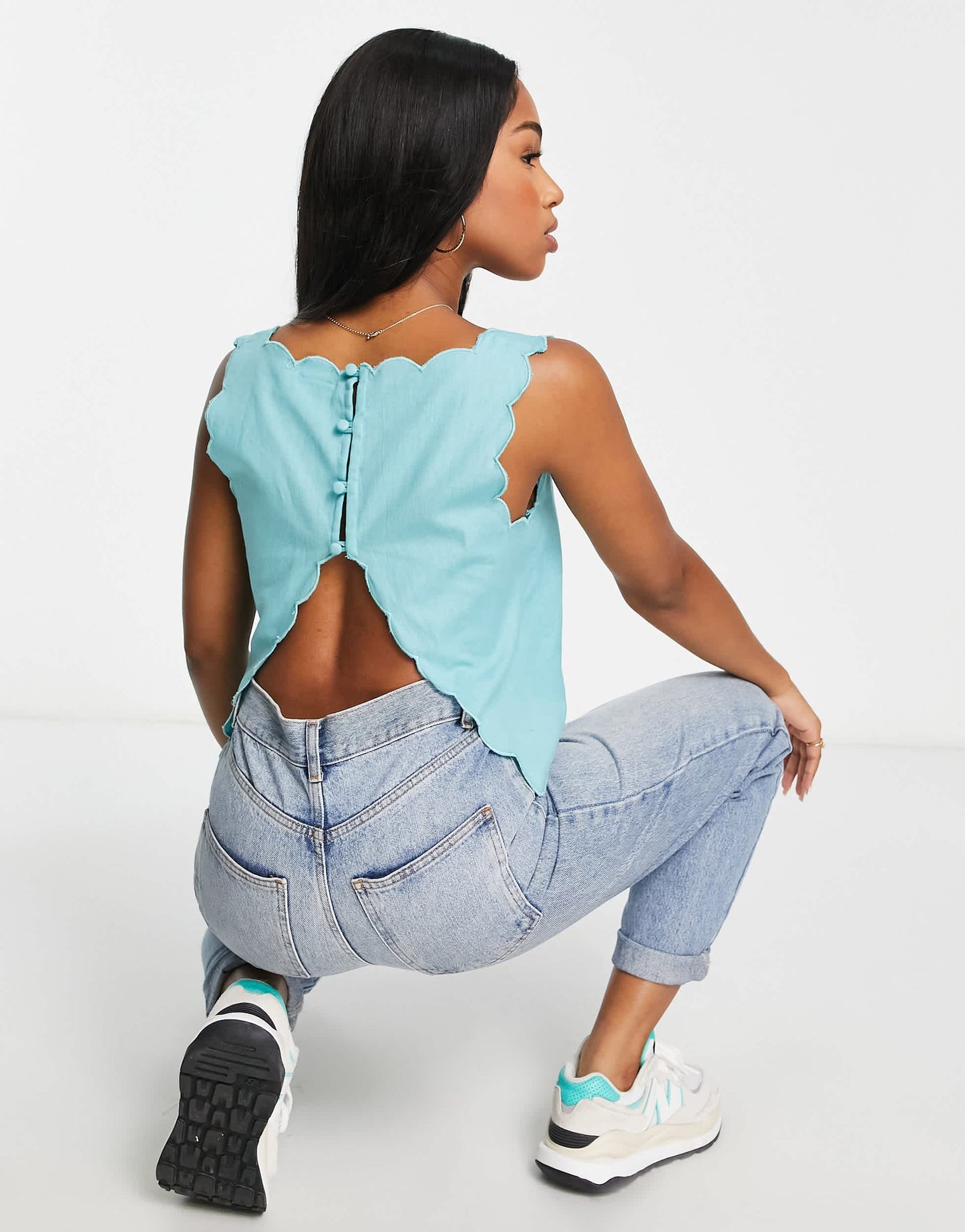 ASOS DESIGN scallop edge linen top with split back detail in teal