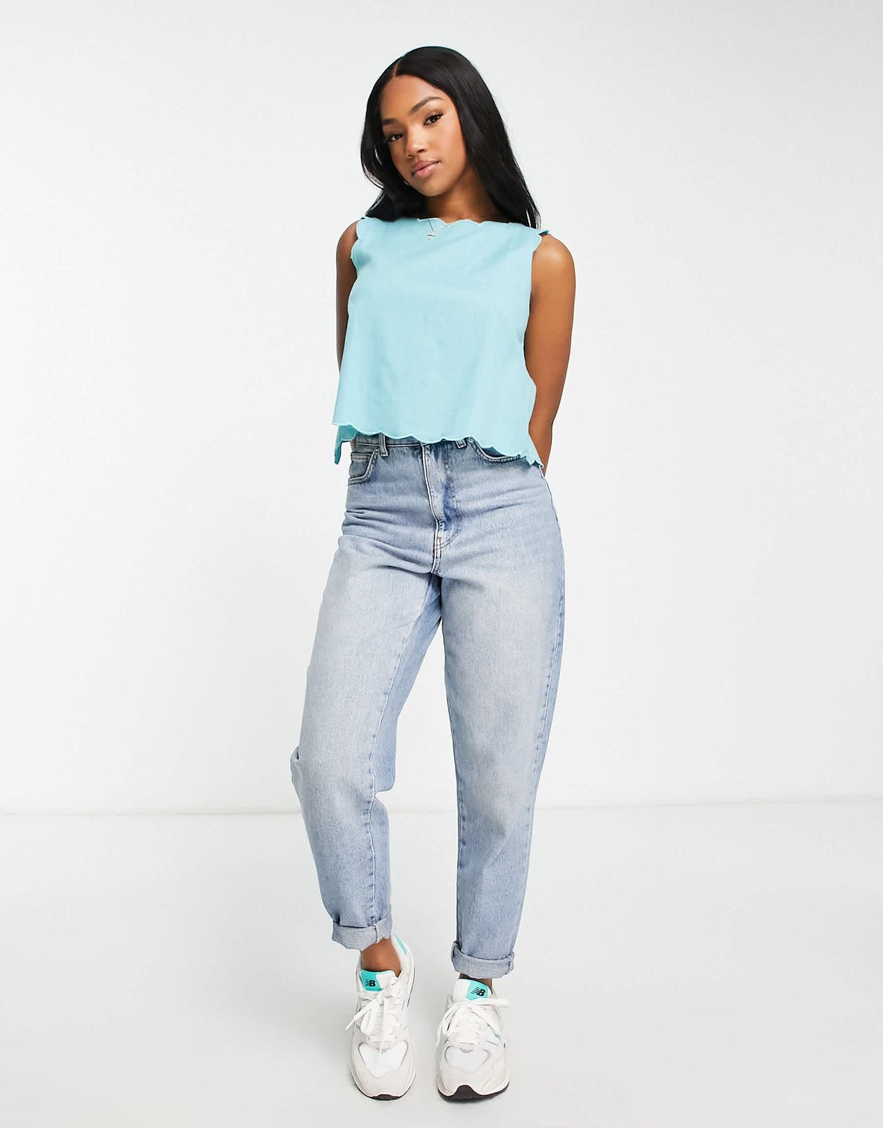 ASOS DESIGN scallop edge linen top with split back detail in teal