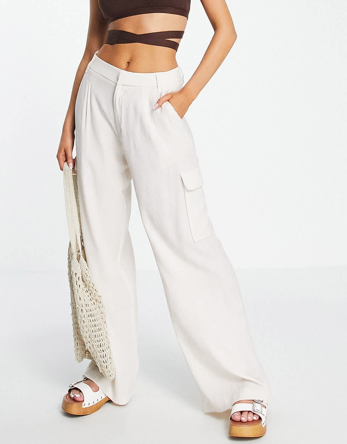 Stradivarius wide leg linen look relaxed trouser with cargo detail in natural