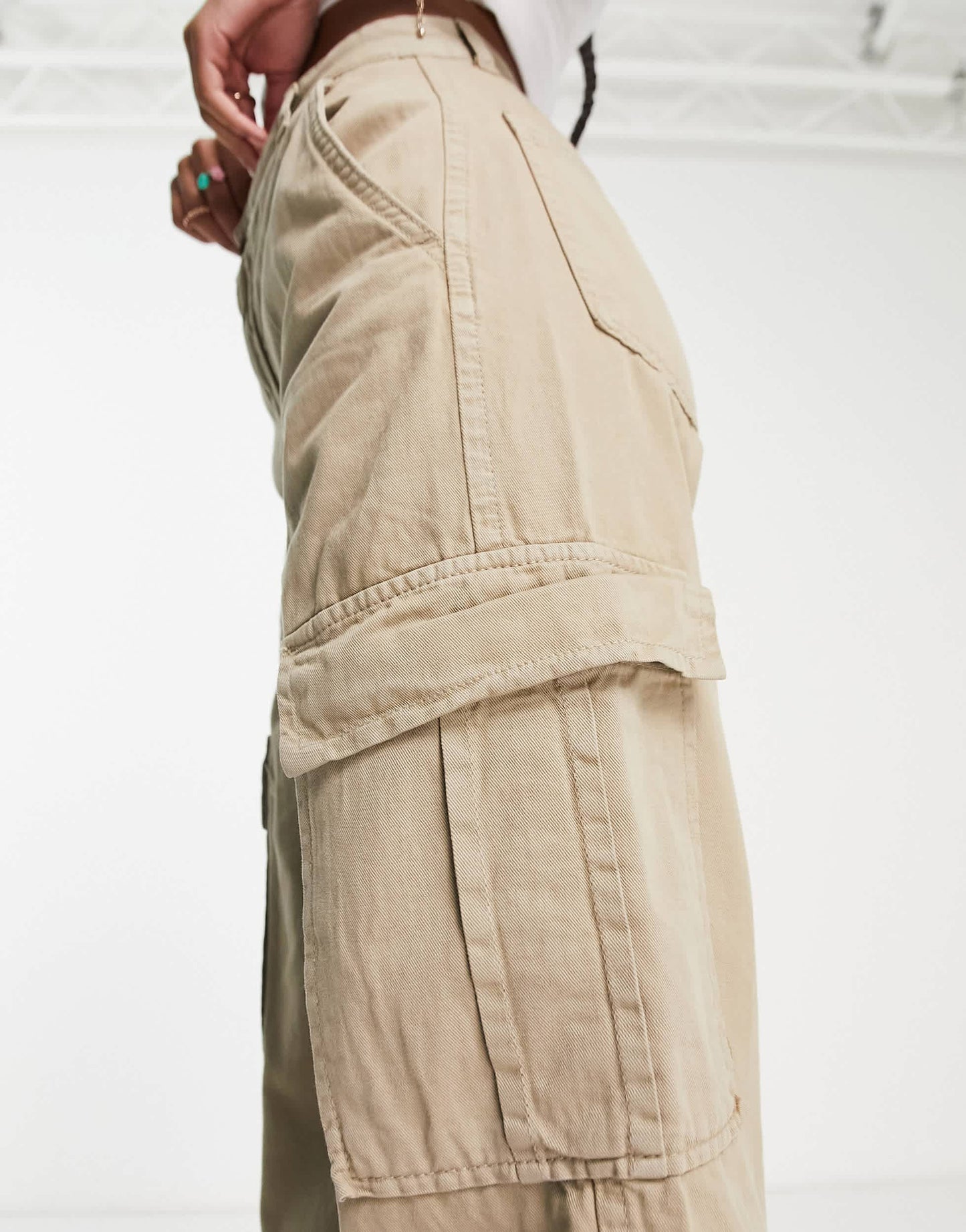 Stradivarius STR Petite straight leg cargo trouser in stone