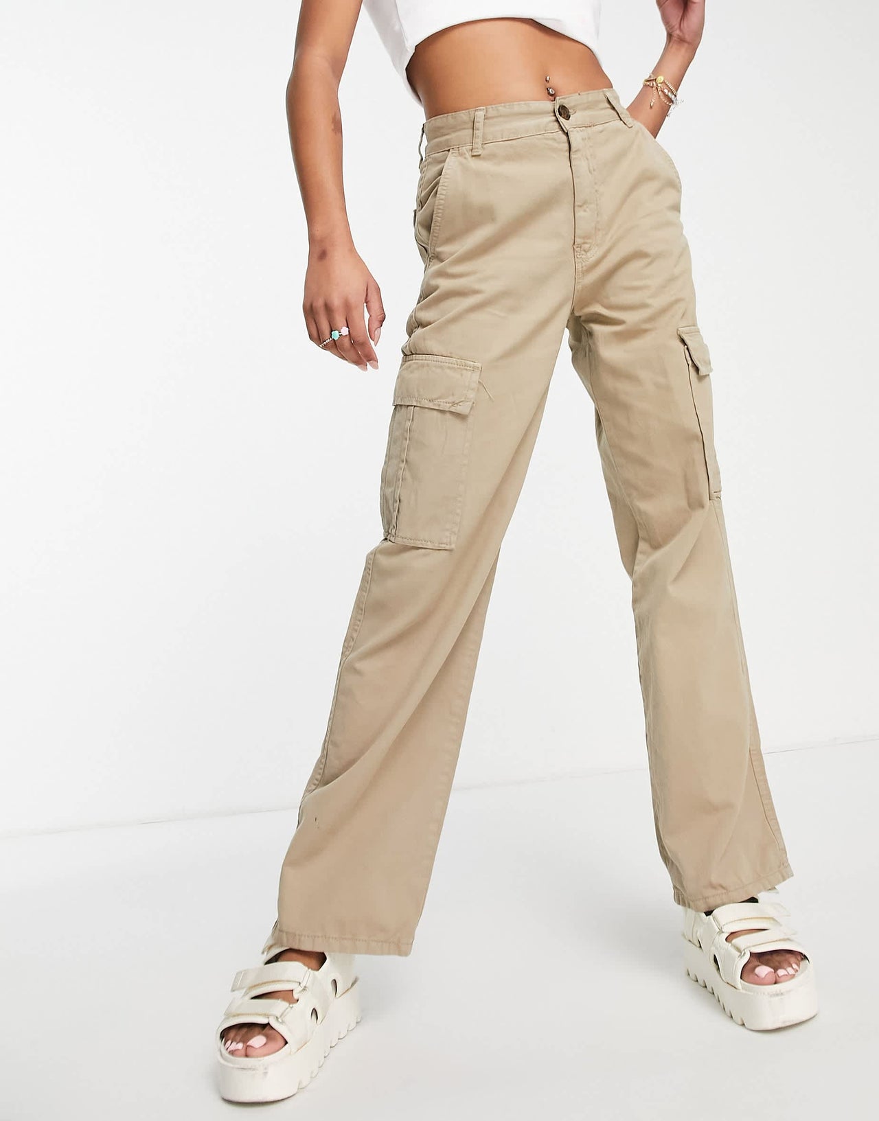 Stradivarius STR Petite straight leg cargo trouser in stone