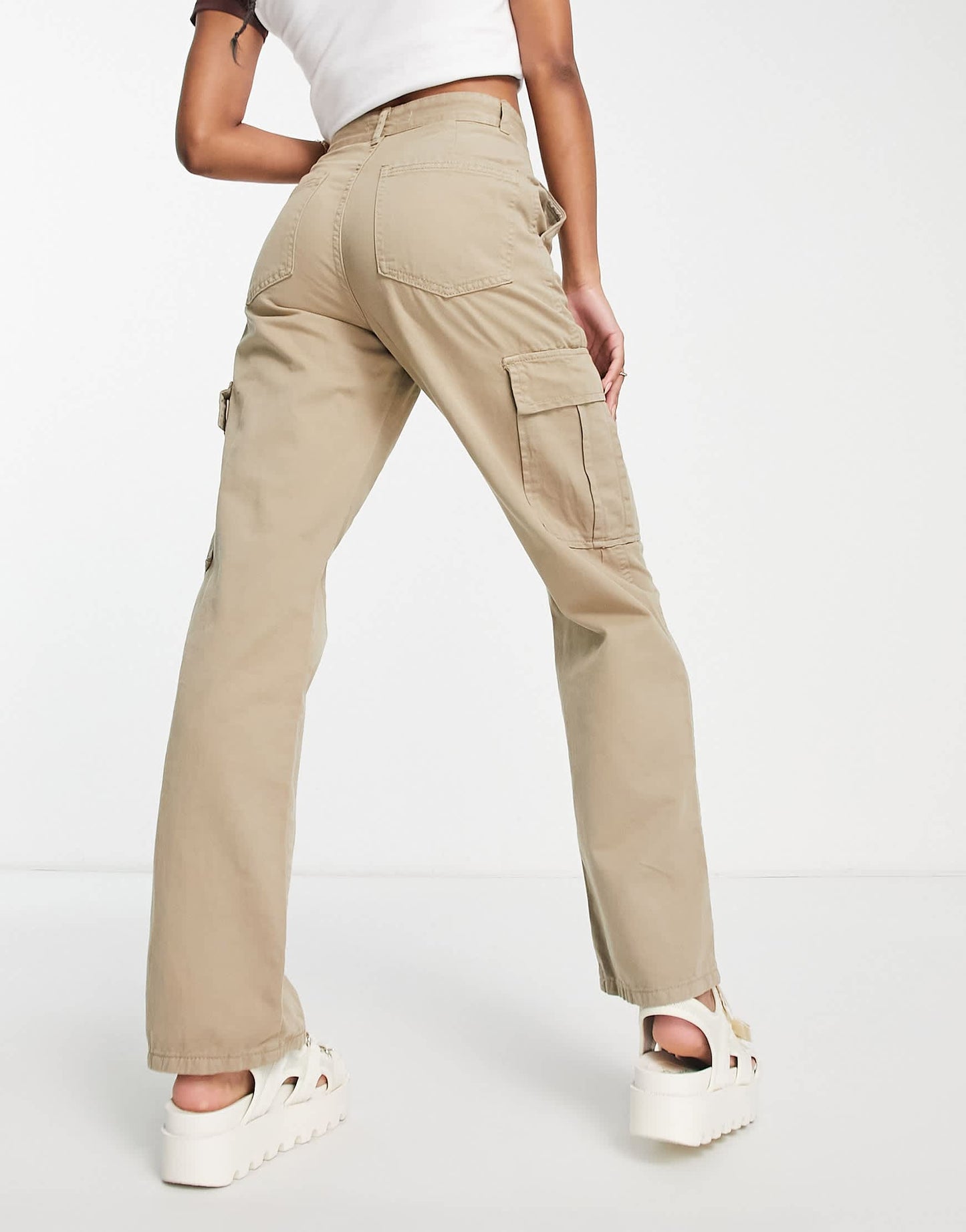 Stradivarius STR Petite straight leg cargo trouser in stone