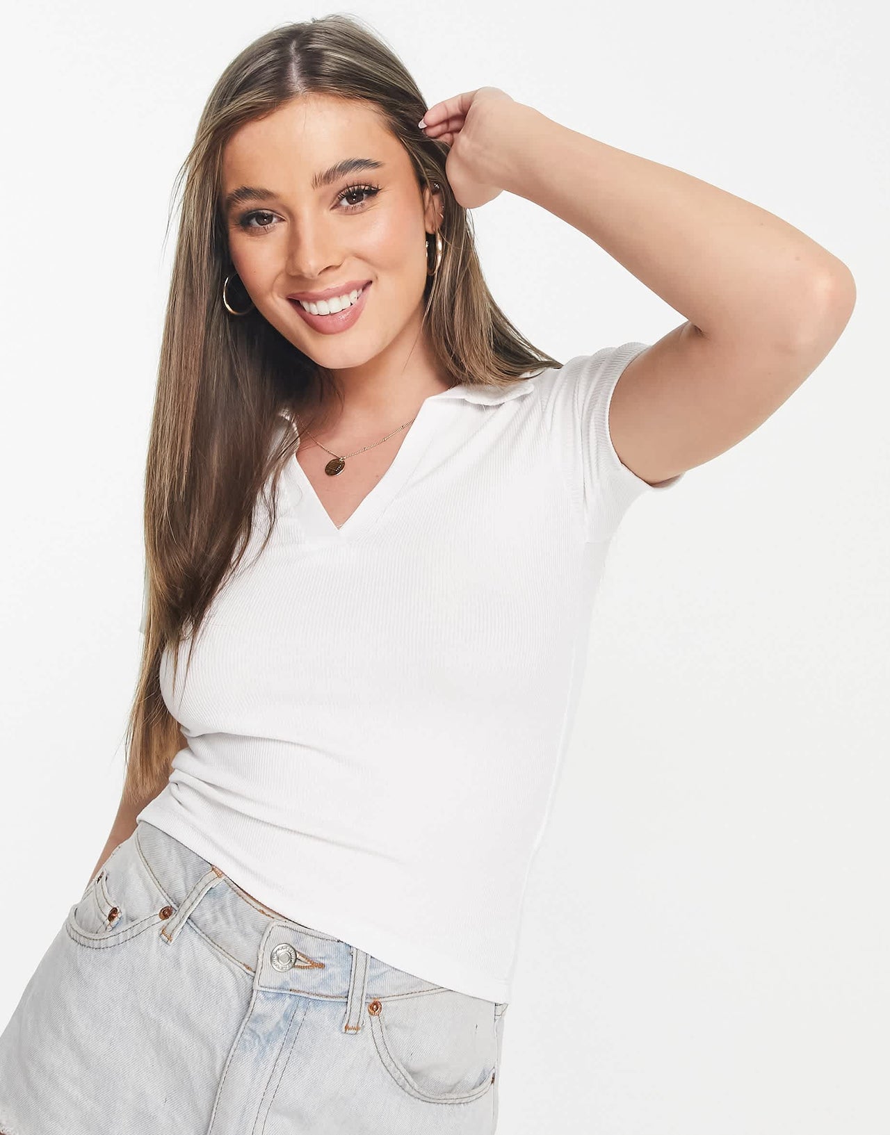 Stradivarius cropped polo t-shirt in white