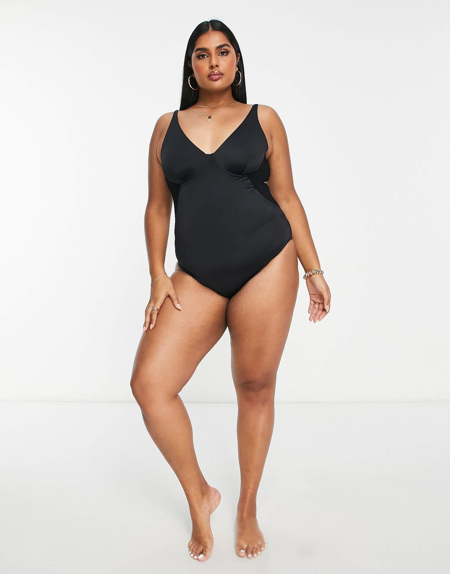We Are We Wear Fuller Bust underwired control swimsuit with mesh insert in black