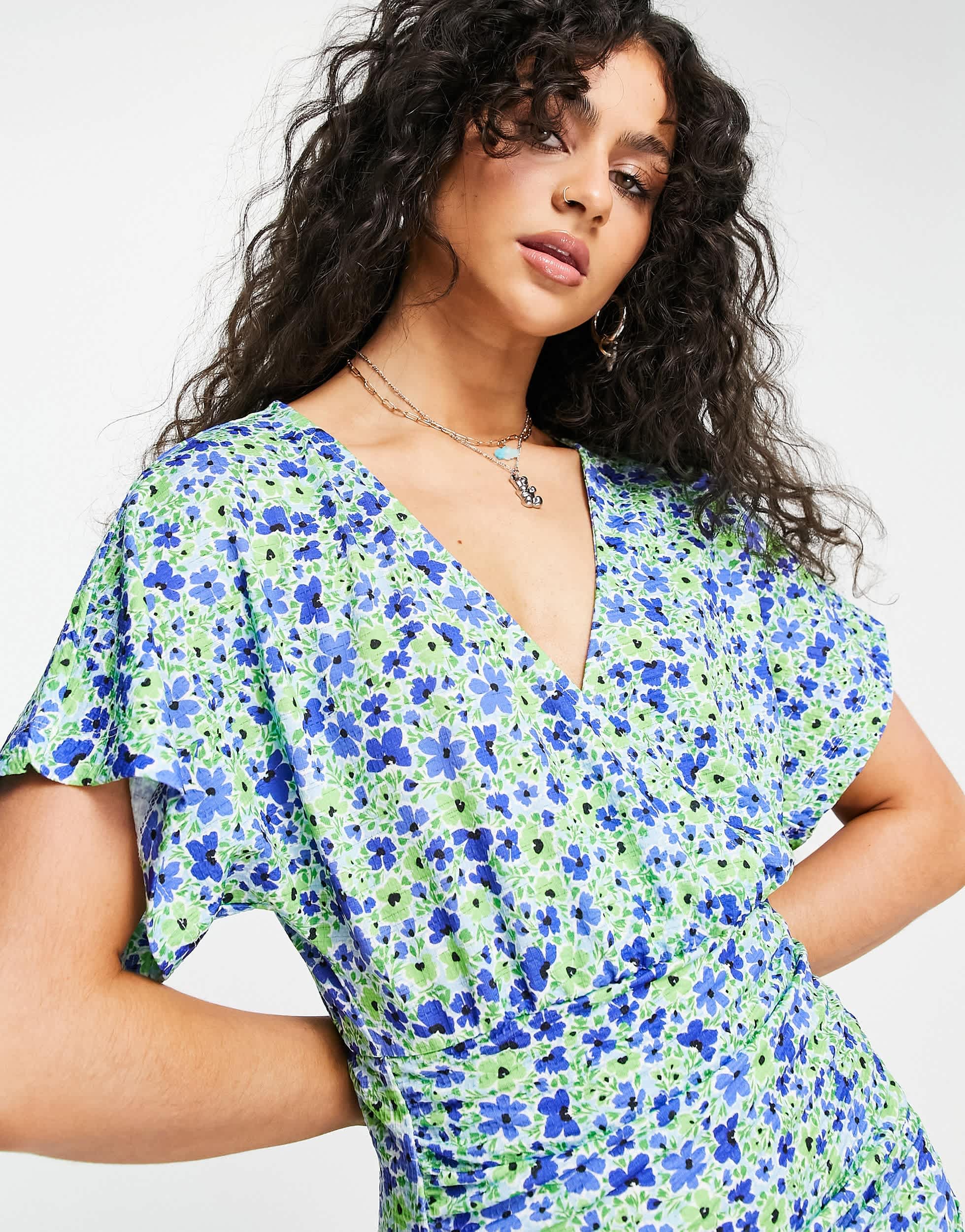 Pull&Bear tie front mini dress in blue