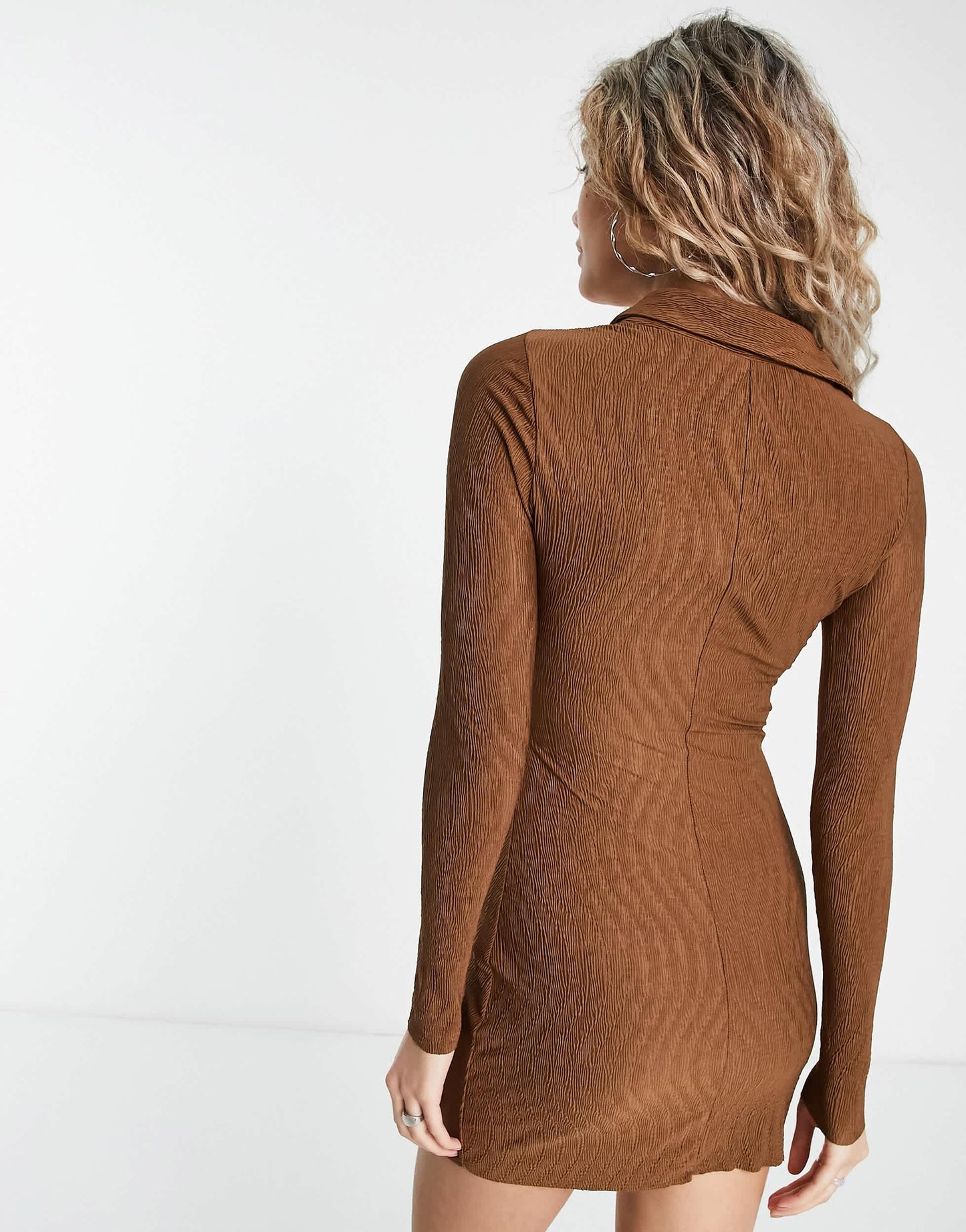 Pull&Bear ruched front long sleeve polo mini dress in brown